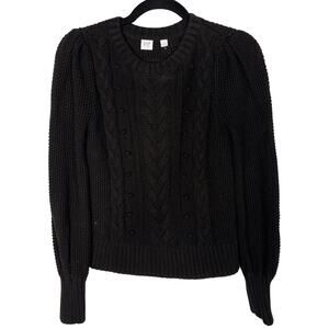 Gap Kids Girls 2XL Black Cable Knit Sweater Crew Neck Puff Sleeves Chunky Cotton